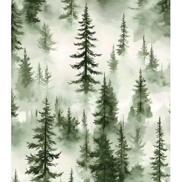 Imagem de Papel de parede Green Trees Peel and Stick, Foggy Forest Pine Contact Paper 44.5 cm x 998.2 cm, mural autoadesivo impermeável removível para prateleiras de banheiro armário gaveta mesa