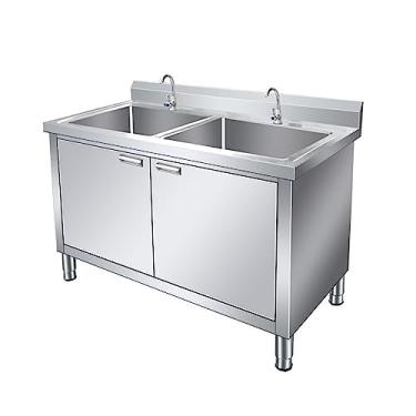 Imagem de Pia utilitária com armário, pia utilitária de aço inoxidável comercial com 2 compartimentos, pias portáteis, estação portátil de lavagem das mãos, para restaurante, lavanderia, garagem (100 cm/39 pol)