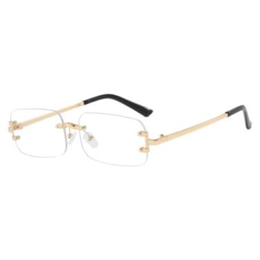Imagem de HPIRME Óculos de sol de luxo, modernos, retangulares, sem aro, com hastes de metal, para dirigir, unissex, em vidro, com proteção UV400 (dourado transparente)