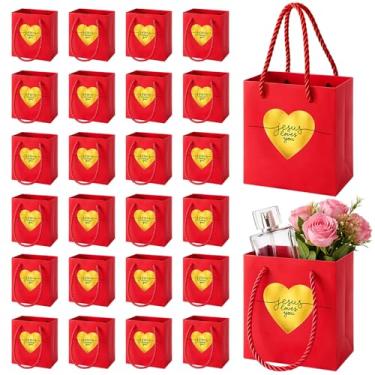 Imagem de Fullhawl 24 peças de mini sacos de presente de Dia dos Namorados Jesus Loves You Small Heart Goodie Favor Sacos de papel com alça 10 x 10 x 7 cm para casamentos e eventos cristãos (papel vermelho)