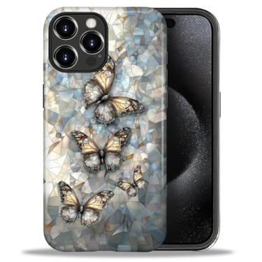 Imagem de Capa para iPhone 16 Pro, proteção contra quedas durável de silicone à prova de choque + PC rígido 2 em 1 capa protetora híbrida com design de padrão elegante borboletas de vitral