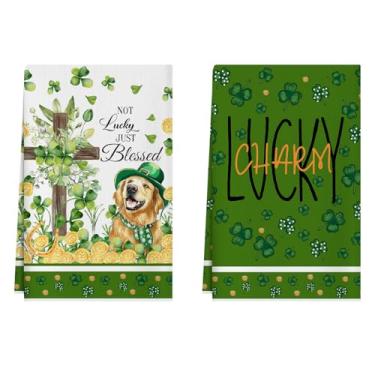 Imagem de XCHI Dog Shamrocks Clovers Cross Coins St. Patrick's Day Toalhas de prato 45 x 66 cm, decorações de cozinha doméstica, toalhas de mão, conjunto de 2 panos de prato de secagem
