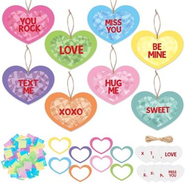 Imagem de CJiangpo 24 Sets Valentine's Day Suncatcher Paper Craft Kits, Conversation Heart DIY Stained Glass Effect Window Ornament Rainbow Tissue Paper Art Craft for Classroom Activities Valentine Party Decor