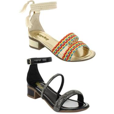 Imagem de kit 02 Sandalia Infantil Menina Saltinho Baixo Grosso Brilho Strass Ti