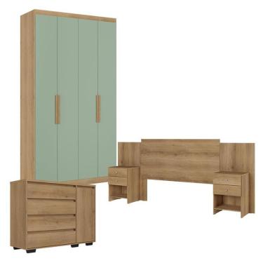 Imagem de Guarda Roupa Solteiro Milan 4 Portas Capuccino Menta Com Cômoda Com Porta Aurora E Cabeceira Formosa Capuccino- Thb