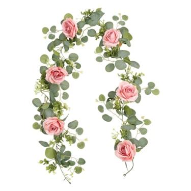 Imagem de rockible Guirlanda de flores artificiais de eucalipto, trepadeira floral, guirlanda de rosas artificiais, de folhagem multifuncional para parede, cerimônia, Rosa Escuro