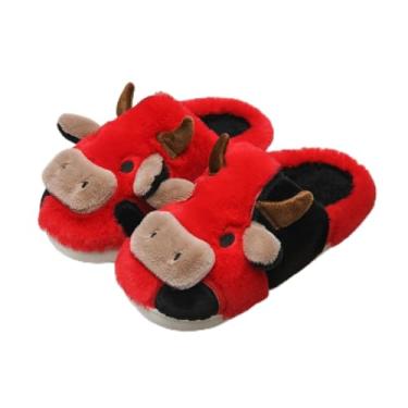Imagem de Pantufas de vaca para mulheres e homens – Pantufa de pelúcia macia antiderrapante, sapatos felpudos quentes de inverno com espuma viscoelástica confortável, vermelho, Vermelho, 5.5-6.5 Women/4.5-5.5