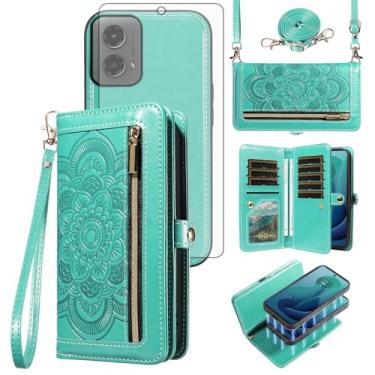 Imagem de Asuwish Capa de celular para Motorola Moto G 5G 2024 com zíper carteira destacável com protetor de tela de vidro temperado alça transversal para pulso mandala flor flip porta-cartões G5G 5 G G5