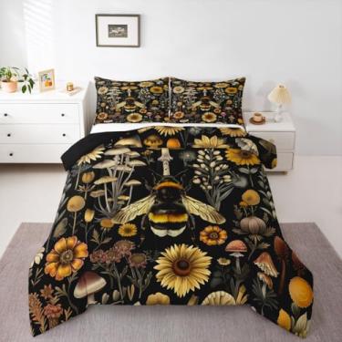 Imagem de jejeloiu Jogo de cama queen com girassol, abelha, fofo, para crianças, meninos, meninas, decoração de cogumelo, edredom de microfibra, 3 peças com 2 fronhas