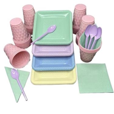 Imagem de Conjunto para festa de aniversário com 180 peças Pratos, copos, colheres e guardanapos em tons doces Serve 40 convidados(Sortidos 4)