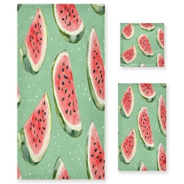 Imagem de xigua Conjunto de toalhas de banheiro com padrão de melancia, absorvente macio, toalha de banho de 3 peças, toalha de mão, toalhas decorativas para banheiro, academia, hotel, praia, piscina