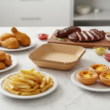 Imagem de Forros de papel Air Fryer, 100 peças de papel manteiga quadrado, forro de papel descartável para fritadeira a ar para micro-ondas, forros antiaderentes de fritadeira quadrada sem alvejante (20 cm)