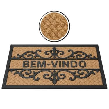 Imagem de Tapete de Entrada Bem Vindo Fibra Natural Trançado Antiderrapante Capacho Emborrachado Decoração Estampado Resistente Porta Casa Apartamento Retangular Absorção Externo (Retangular)