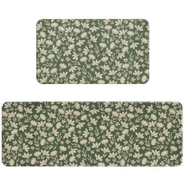 Imagem de Tapetes de cozinha verde sálvia primavera para chão conjunto de 2 tapetes de cozinha vintage flores vintage estilo antigo creme floral decorativo antiderrapante rústico casa de fazenda decoração de