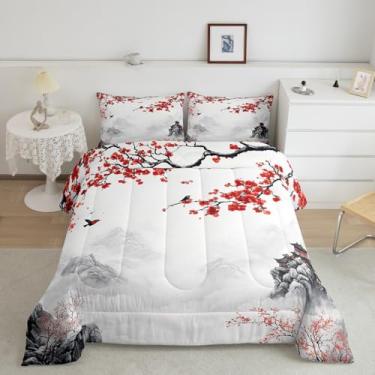 Imagem de Feelyou Conjunto de cama com estampa de flores de cerejeira para crianças, meninos, meninas, tamanho Queen, ultramacio, tema ukiyoe, japonês, exótico, conjunto de edredom para decoração de quarto,