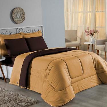 Imagem de Kit Edredom Dupla Face + Jogo De Lençol Solteiro Nobre 4 Peças Malha 100% Algodão - Cobre / Marrom