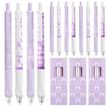 Imagem de Fuyoooo 12 canetas retráteis com laço fofo, canetas esferográficas de gel, ponta de 0,5 mm, tinta preta, caneta de escrita lisa, desenho kawaii, material escolar, para meninas, diário (roxo, estilo B)