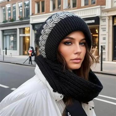 Imagem de Gorro E Cachecol Feminino De Inverno Quente Em Tricô, Corta-Vento, Elá