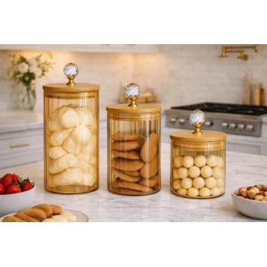Imagem de Kit 3 Potes Herméticos de Vidro Canelado Âmbar com Tampa de Bambu, Cristal Transparente, 1L + 600ml + 500ml, Organizador para Mantimentos