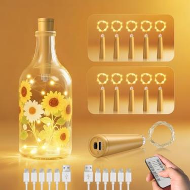 Imagem de Ymenow Luzes USB para garrafa de vinho com cortiça, 10 peças de luzes LED recarregáveis com controle remoto de temporizador, cordão de luzes internas para garrafas faça você mesmo, árvore de Natal