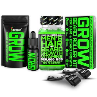 Imagem de Grow Beard Oil + Biotina Vitaminas Capilares Gomas + Kit de Rolo Derma Facial – Melhor Kit de Crescimento de Barba para Homens – Preenche Patches, Estimula o Crescimento, Engrossa Barba
