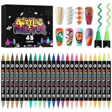 Imagem de Kalolary Conjunto de canetas de arte de unhas com 48 cores, 24 peças, canetas de esmalte 3D, canetas de tinta acrílica de ponta dupla, marcadores de arte de unhas de secagem rápida, ferramentas de
