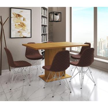 Imagem de Mesa Jantar Londres Retangular Canela 137X90Cm 6 Cadeiras Estofadas Caramelo Ferro Branco