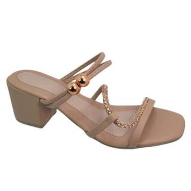 Imagem de Sandália Feminina Rasteirinha Tiras Rasteira Fina Salto Grosso Strass Pedraria Elegante-Feminino