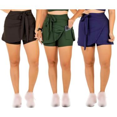 Imagem de Kit 3 Shorts Saia Com Bolso Feminino Fitness Moda Evangélica Beach Ten