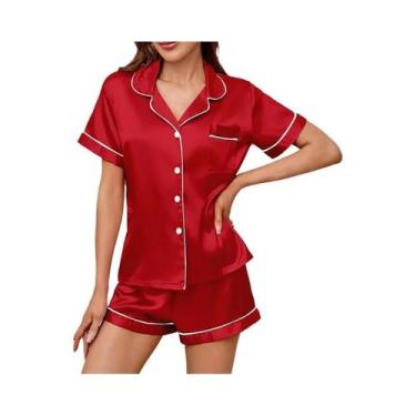 Imagem de Conjunto De Pijama De Seda Para Mulheres Com Camisa De Manga Curta E C