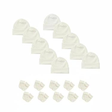 Imagem de Kit 10 Toucas e 10 Pares de Luvas Bebê Recém Nascido Algodão Atacado E