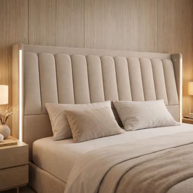 Imagem de Cabeceira Cama Box Casal Estofada com LED 140cm Moan P05 Veludo Bege - Lyam Decor