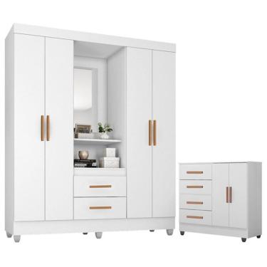 Imagem de Guarda Roupa Casal Capela Com Cômoda Lite 4 Gavetas E 2 Portas Branco Brilho - Móveis Leão