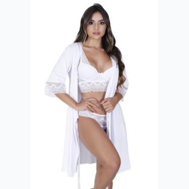 Imagem de Robe Curto Com Renda Vellfer VF-45 Microfibra, P, Branco