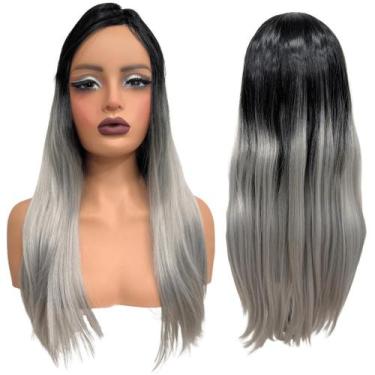 Imagem de Peruca Ombre Hair Preta Cinza Platinada Franja Lisa Silk Top - LIONSWI