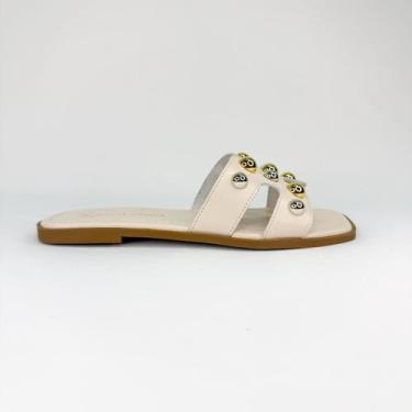 Imagem de Ary - rasteira feminina em couro com esferas cromadas 2031, Off white,