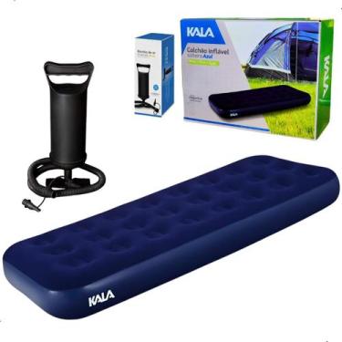 Imagem de Colchão Camping Solteiro Inflável Azul Kala Bomba De Ar Manual Para Co