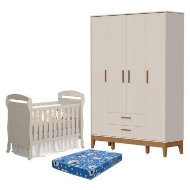 Imagem de Kit Berço Americano Danny com Colchão e Guarda Roupa 4 Portas Flip MDF Areia Acetinado Reller Móveis