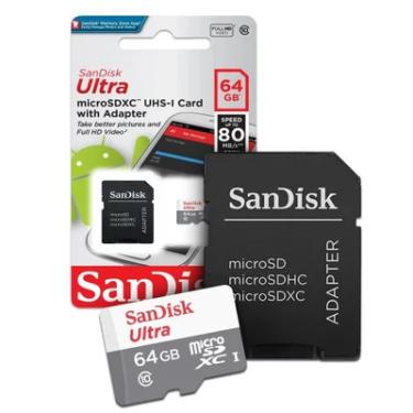 Imagem de Cartão De Memória SanDisk MicroSD 64GB Ultra Classe 10 com Adaptador 80mbps-cl10 Sdsq