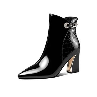 Imagem de TinaCus Bota feminina brilhante de couro envernizado, feita à mão, salto grosso, bico fino, zíper lateral, tornozelo com decoração requintada de fivela, B Preto, 10.5