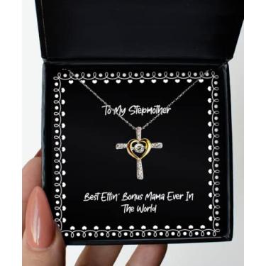 Imagem de SpreadPassion Presentes exclusivos de madrasta, Best Effin' Mama Ever in The World, colar divertido de cruz para mãe de filho e filha