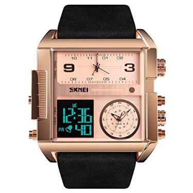 Imagem de Relógio masculino Esportivo Digital SKMEI, Relógio de pulso de quartzo analógico quadrado de LED grande com cronômetro à prova d'água com fuso multihorário, Tendência, Rose Gold Black,