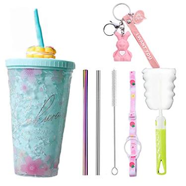 Imagem de Copo de viagem floral com canudo copo de sorvete congelador caneca de piquenique (azul floral, 450 ml)