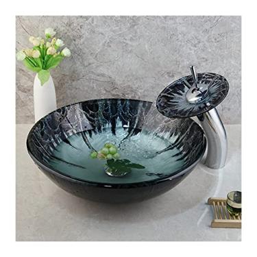 Imagem de jinyi2016SHOP Pias de vaso de vidro temperado e pia de vaso de lavatório combinando, pia de banheiro e pia de lavatório com conjunto de torneira de cachoeira combinando