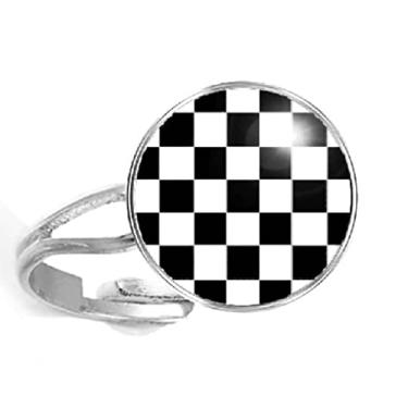 Imagem de Anel Xadrez Quadriculado Preto e Branco Unissex e Ajustável