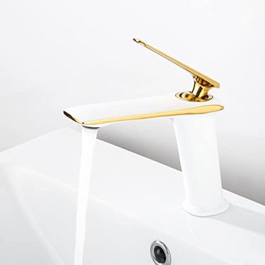 Imagem de Torneira do banheiro Torneiras da bacia de latão branco e dourado, torneira da pia do banheiro, vaso sanitário montado no deck misturador quente e frio torneira da bacia da torneira