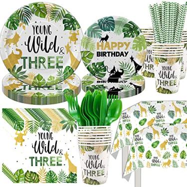 Imagem de FVABO Talheres jovens selvagens e três decorações, tema da selva safari, suprimentos para festa de aniversário de 3 anos, talheres, toalha de mesa, para festas de aniversário de 3 anos | Serve 24