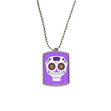 Imagem de DIYthinker Colar de animal de estimação com pingente de identificação de cachorro em forma de flor com ilustração de cultura de caveira de olhos roxos