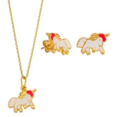 Imagem de Andreia Branco Acessórios - Conjunto de Joias Unicórnio Infantil Ouro 18k, Colar e Brinco Antialérgico, 40cm, 1cm, Unissex, Para Bebês Meninas