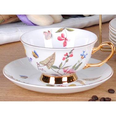 Imagem de Conjunto de xícaras de chá e pires de porcelana e xícara de café com flor de rosa e xícara de café feminina vintage de cerâmica (borboleta)